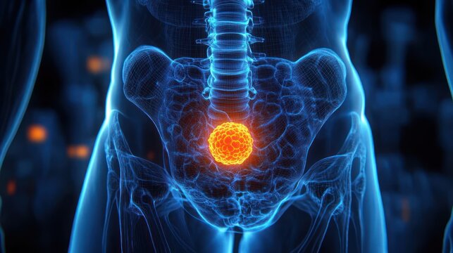 translucent blue pelvic skeleton and lower spine with a glowing orange pelvic mass, 3d medical scan illustration conveying alarm and urgency