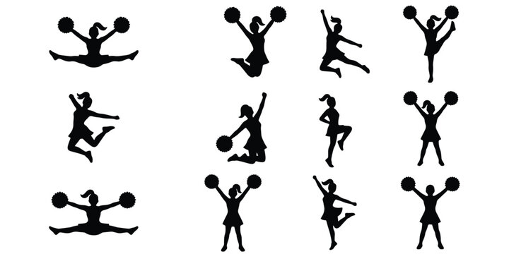 Cheerleader silhouette set with pom poms, active cheerleading girl figures in dynamic poses, 12 athletic female dancer vector elements for sports branding