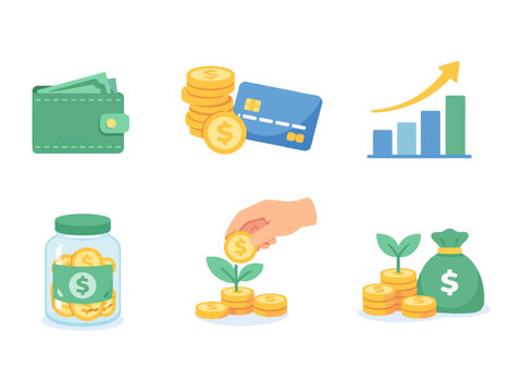 Financial Icons Wallet, Coins, Credit Card, Jar, Growing Plants, Money Bag