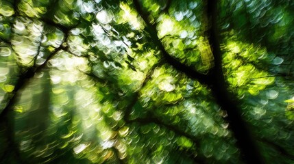 Fototapeta premium A beautiful abstract of light filtering through the canopy of a forest, creating a dappled, moving pattern of light and shadow, organic and peaceful, blurred background --ar 16:9 