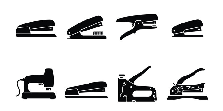 Black stapler icon set with 8 vector elements, office stationery silhouettes, industrial staple gun and electric stapler tools for business paperwork