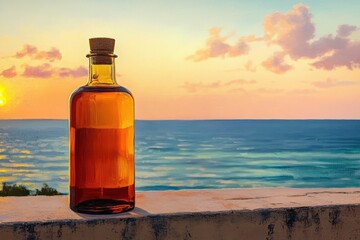 Obraz premium Amber glass bottle with cork on a weathered stone ledge overlooking a calm sea at sunset with pastel clouds and warm golden glow, evoking peaceful solitude
