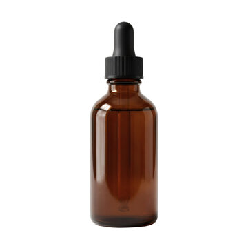 Amber glass dropper bottle isolated. Essential oil product mockup presentation.