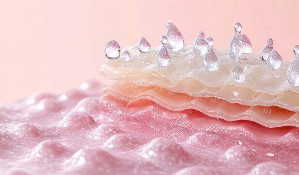 delicate pastel pink stacked translucent layers on glossy bumpy surface topped with clear droplets, soft dreamy and soothing mood
