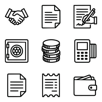 anking and Transaction Outline Icons Set &mdash; Handshake, Documents, Signature, Safe, Coins, POS Terminal, Receipt, Wallet
