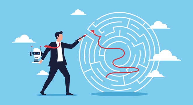 Strategic thinker using red arrow to find path through circular maze while holding robot head represents artificial intelligence use.