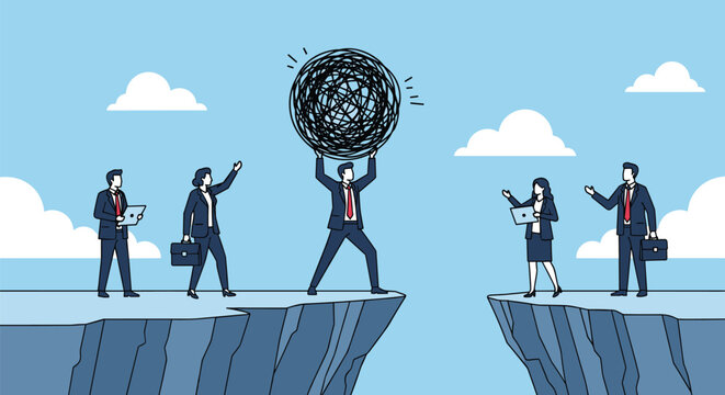 Brave business leader carries a heavy ball of complex problems across a cliff gap while his team watches from the other side.