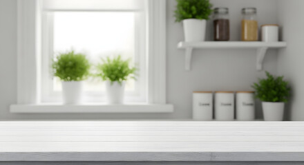 Fototapeta premium A bright and clean kitchen counter with potted plants and jars on shelves near a window.