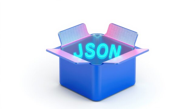 Open blue box displays glowing neon text reading JSON. Bright lighting creates reflections, highlighting digital data concept.