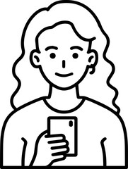 Obraz premium Hand Drawn Woman Using Smartphone Black and White Illustration in Minimal Line Art Style Design