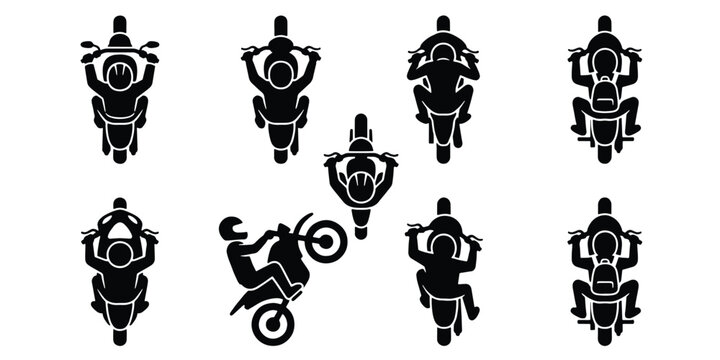 Motorcycle rider icons set, black silhouette motorcycling symbols from top view, 9 vector elements for transport maps and racing infographics