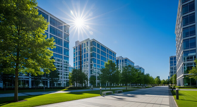 Modern office buildings with lush green trees and a bright sun on a clear day.