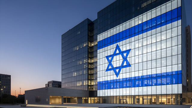 Israeli flag projected on modern glass government building