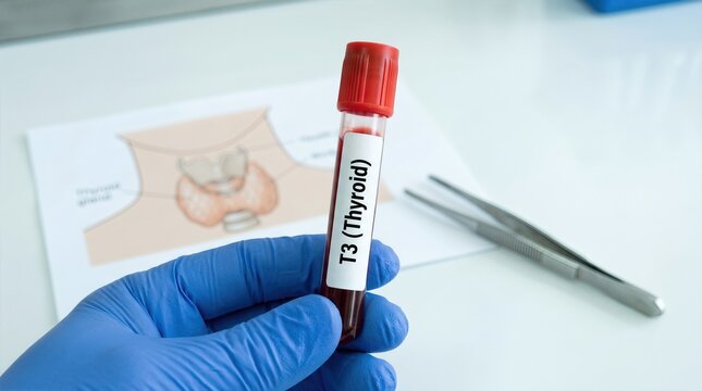 Blood sample tube labeled T3 (Thyroid) held by gloved hand, with thyroid anatomy diagram and medical tools visible in the background