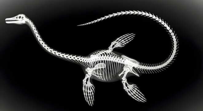 X ray illustration of a plesiosaur skeleton on black background