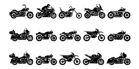 Motorcycle silhouette collection, 15 black motorbike icons set, vintage chopper and modern sport bike vector, touring and dirt bike transport graphics © Towhidul