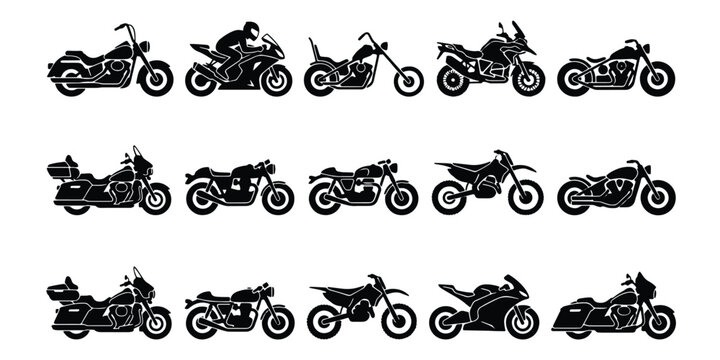 Motorcycle silhouette collection, 15 black motorbike icons set, vintage chopper and modern sport bike vector, touring and dirt bike transport graphics