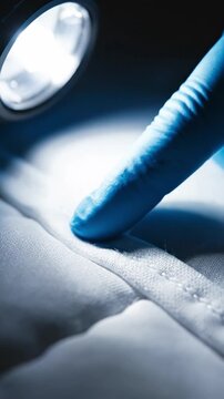 A gloved hand uses a flashlight to inspect a mattress seam for bed bugs. Professional pest control inspection in a bedroom. Ideal for pest management and hygiene service advertisements.