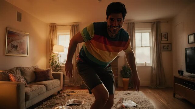 Man Dancing in Living Room with Wii.