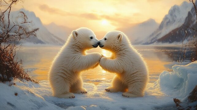 Two polar bear cubs holding paws and touching noses on snowy ice at a golden sunset, tender and playful moment on a serene arctic shoreline with distant mountains