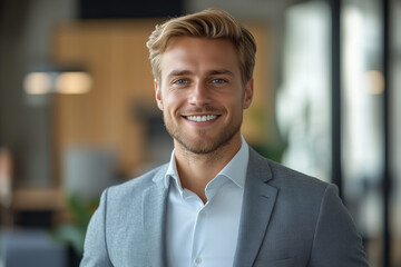 Obraz premium Success businessman smiling in office. Successful businessman on the background of a bright office.