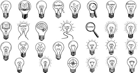 Collection of Hand-Drawn Light Bulb Icons Representing Ideas, Innovation, and Discovery © victoria