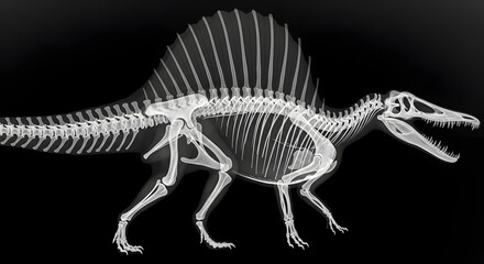 Naklejka premium X ray image of a spinosaurus dinosaur skeleton against black background
