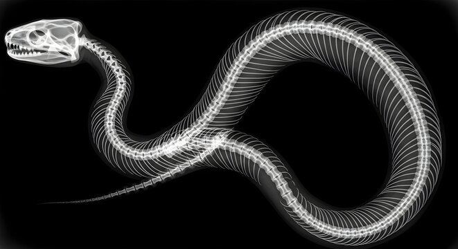 X ray image of a snake skeleton displayed against a black background