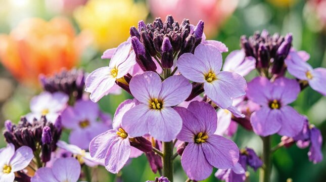Beautiful purple erysimum wallflower blossoms with dark buds in spring garden. Macro floral photography with vibrant multicolored bokeh background. Perfect for nature, gardening, and botanical concept