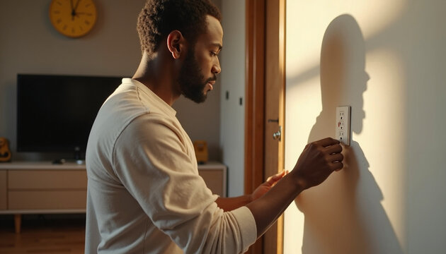 Man adjusting light switch in home setting with natural daylight illuminating room, creating soft shadows on wall. Home improvement involves changing light settings for enhancing mood and atmosphere.
