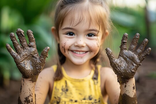 Young child with outstretched muddy hands wearing a yellow sleeveless top outdoors, playful and proud after messy garden play