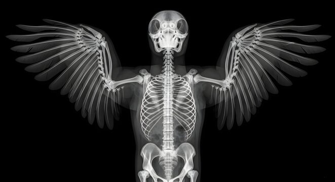 X ray image of bird skeleton displaying wingspan against a black background