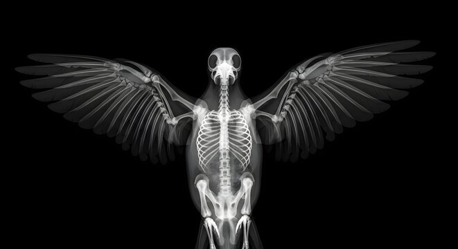 X ray image of bird skeleton with wings spread against black background