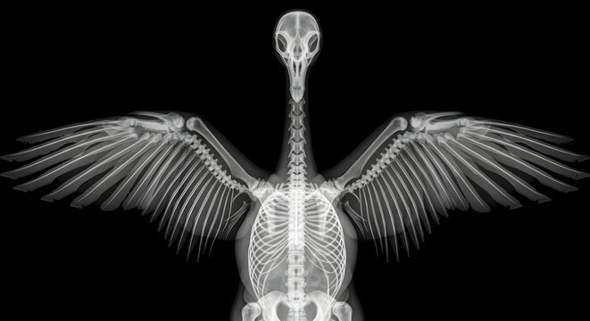 X ray image of bird skeleton with extended wings isolated on black