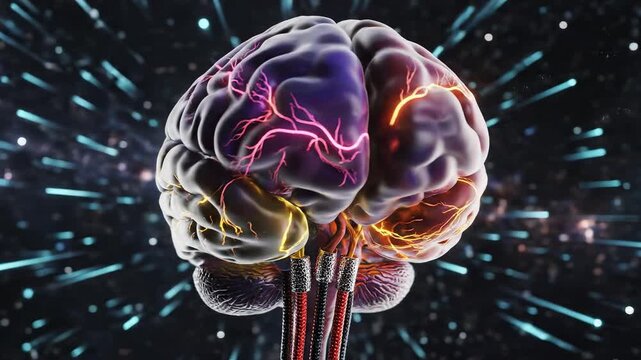 Human brain with glowing neural pathways for tech concepts, digital marketing, and scientific projects