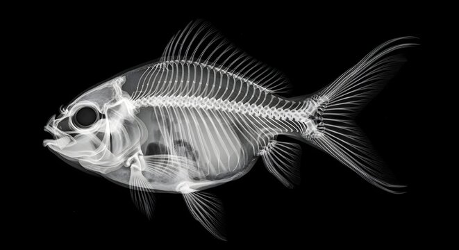 X ray image of fish skeleton on black background for scientific study