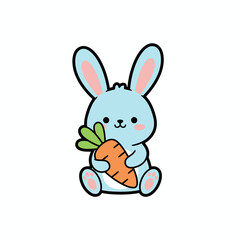 Obraz premium Cute cartoon blue bunny rabbit holding a fresh carrot, adorable Easter animal illustration
