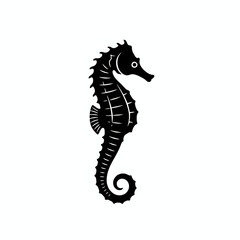 Fototapeta premium A stark black silhouette of a seahorse on a white background, showcasing its unique coiled tail and aquatic form, perfect for marine life or underwater themes