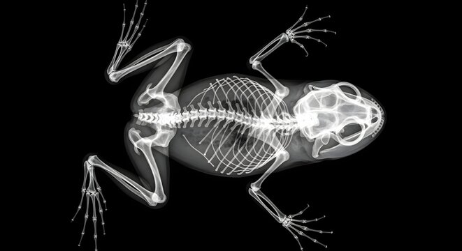 X ray image of frog skeleton isolated on black background for scientific study