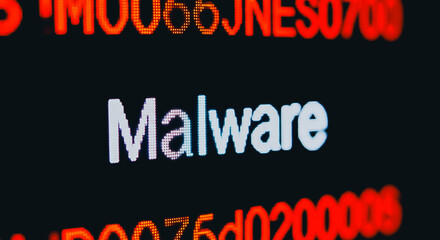 Obraz premium Cybersecurity Alert with the Word Malware Displayed on a Pixelated Computer Screen in Red and White