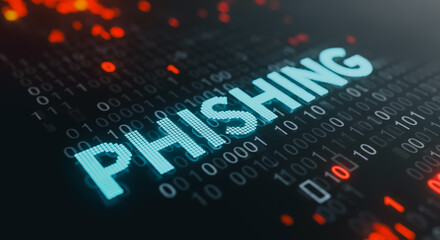 Fototapeta premium Phishing word on binary code background representing cyber security threat and digital hacking attack