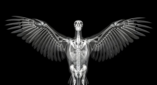 X ray view of a bird with outstretched wings on black background