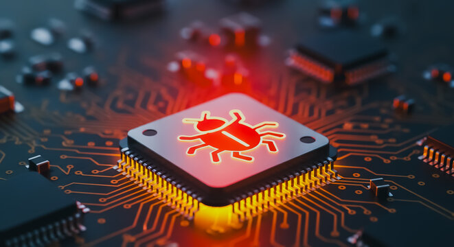 Glowing red software bug icon on a microchip representing a cybersecurity threat