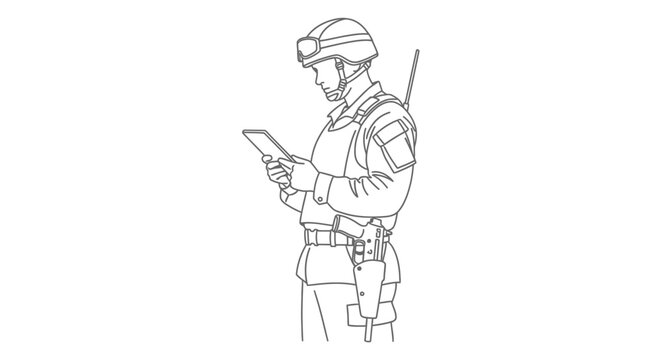 Soldier using tablet computer in tactical gear, military technology, communication