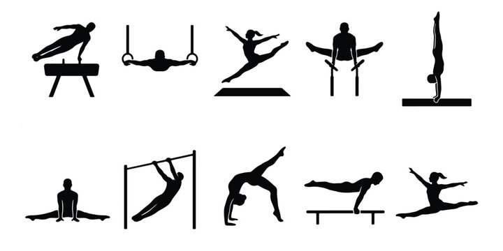 Gymnastics athlete silhouette icons, professional gymnast sport figures set of 10 vectors, artistic gymnastics equipment and poses on white background