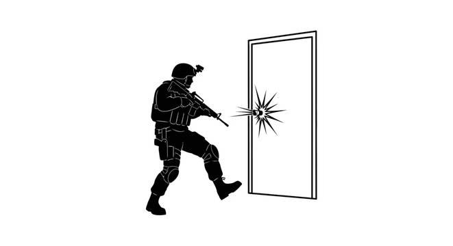 Special Forces Soldier Breaching Door with Flashbang Explosion