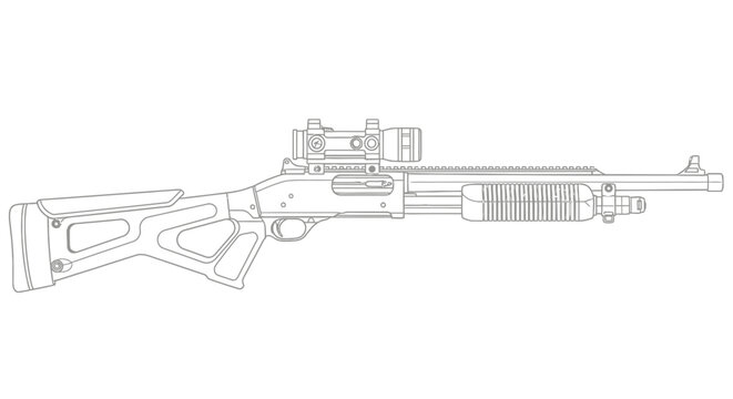 Tactical Shotgun with Scope and Modern Stock - Line Art Illustration