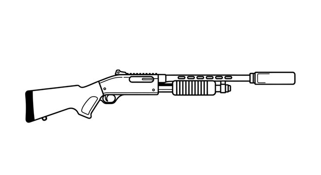 Tactical Shotgun with Suppressor, Line Art Illustration
