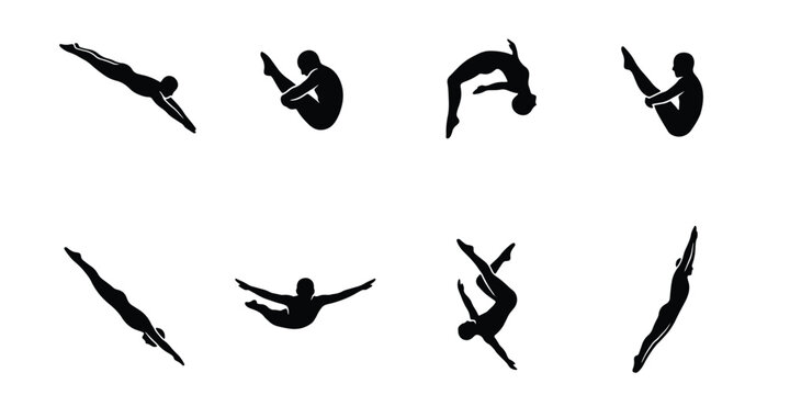 Diving athlete silhouettes set, 8 professional swimmer vector icons, competitive high dive and springboard jumping poses, black aquatic sport figures