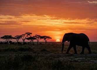 Naklejka premium Generated AI - Majestic African Elephant Walking Towards a Stunning Savannah Sunset Silhouette.